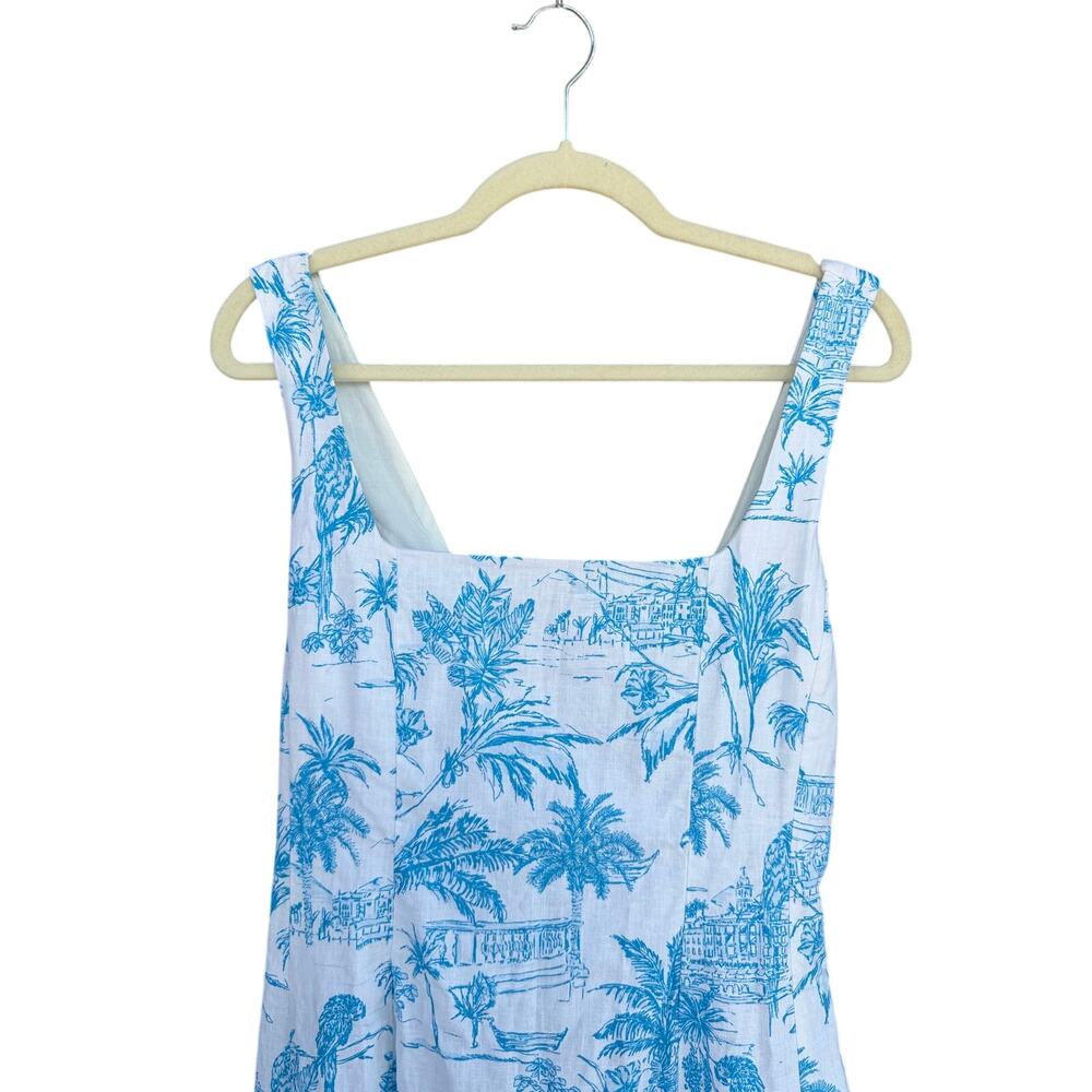 Joie Blue White Palm Tree Print Linen Blend Square Neck Midi Dress - Picture 4 of 9